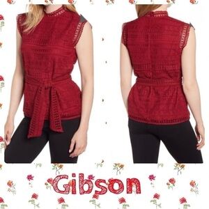 Gibson Belted Lace Top maroon petite. New w/ flaw. Band collar tie waist